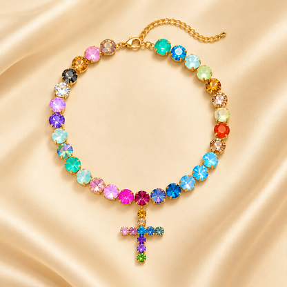 Colorful Crystal Cross Necklace – Sparkling Adjustable Statement Jewelry