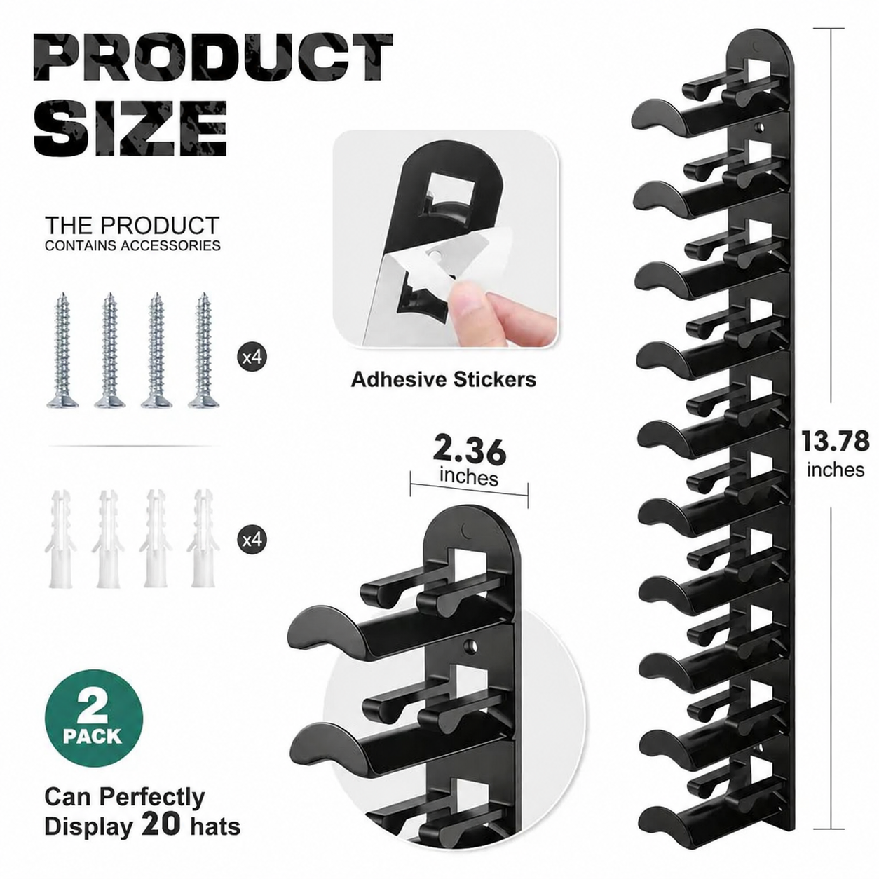Hat Rack for Wall – Baseball Cap Organizer Holds Up to 20 Hats