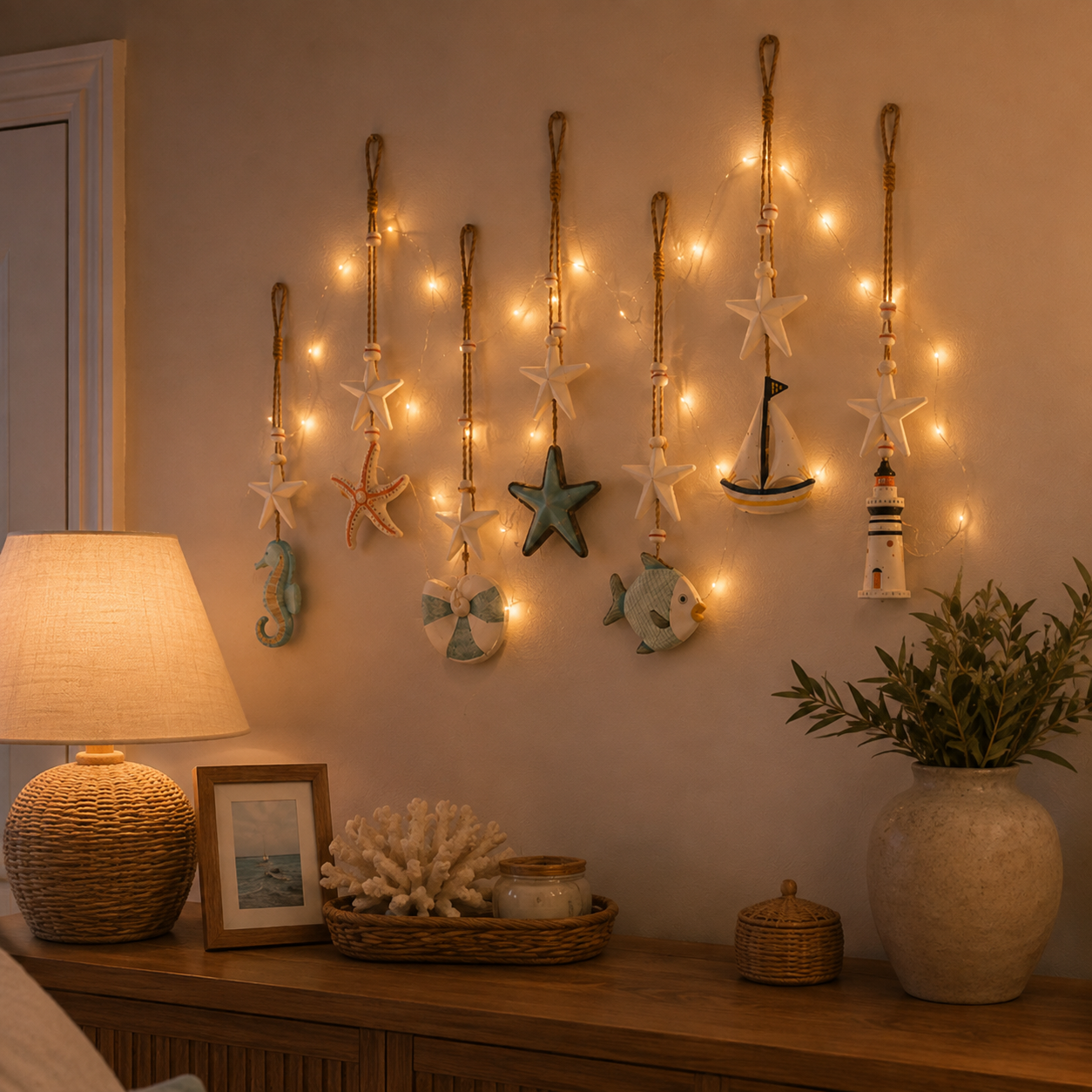 Seaside Glow wall hangings glowing indoors