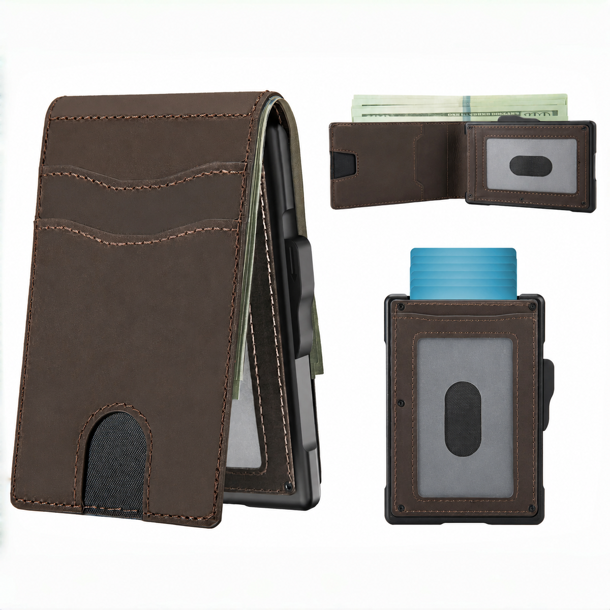 🔥Minimalist Pop-Up Wallet for Men – RFID Blocking Aluminum Card Holder with Cash Slot, ID Window & Leather Front Pocket
