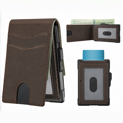 🔥Minimalist Pop-Up Wallet for Men – RFID Blocking Aluminum Card Holder with Cash Slot, ID Window & Leather Front Pocket