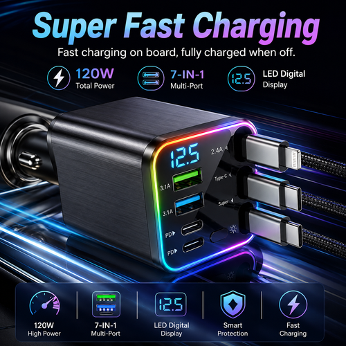 ⚡ The Car Charger That Charges 7 Devices & Lights Up Your Ride — Starry Ambient Light + 120W Fast Charging