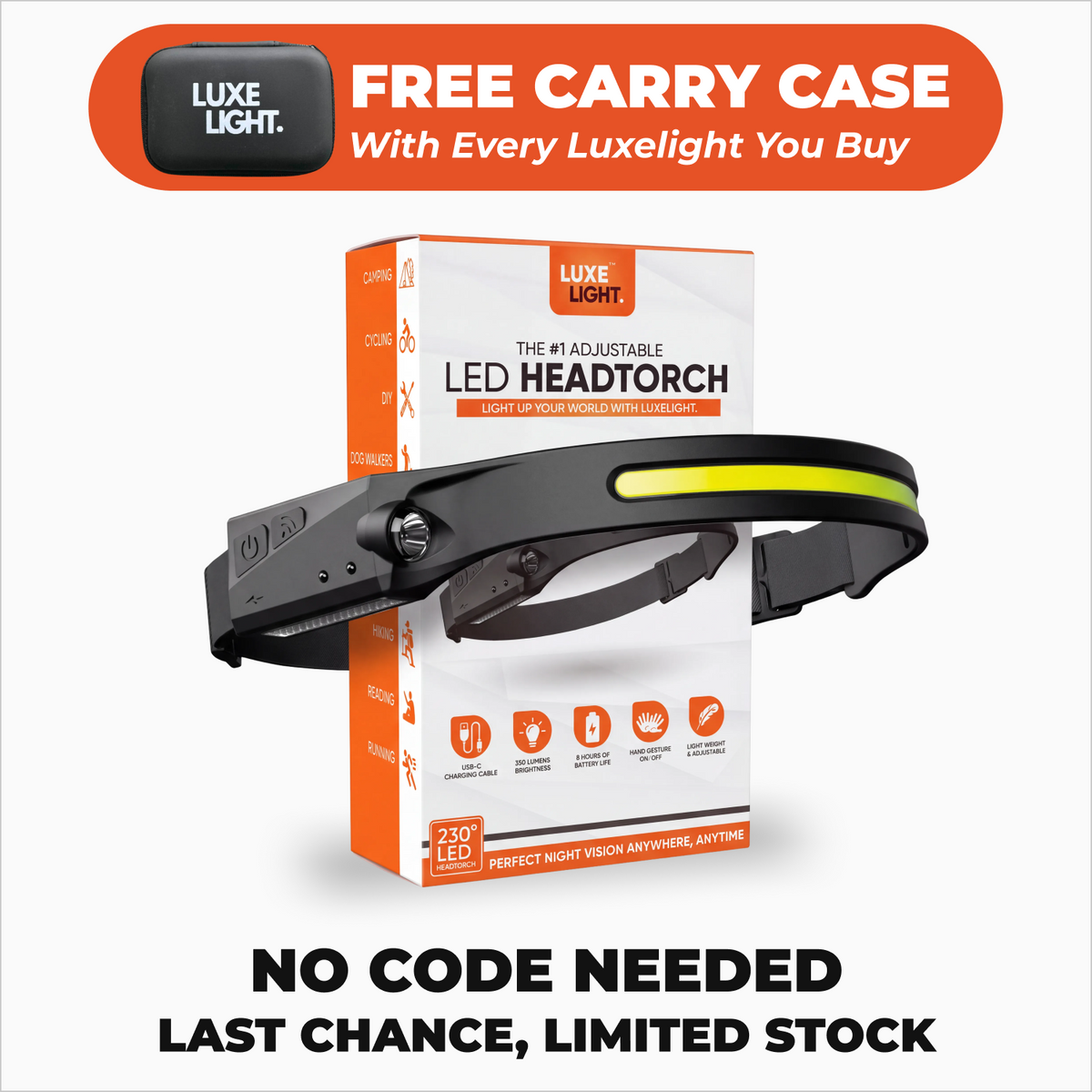 230° Wide-Beam Rechargeable LED Headlamp with Motion Sensor – image 1