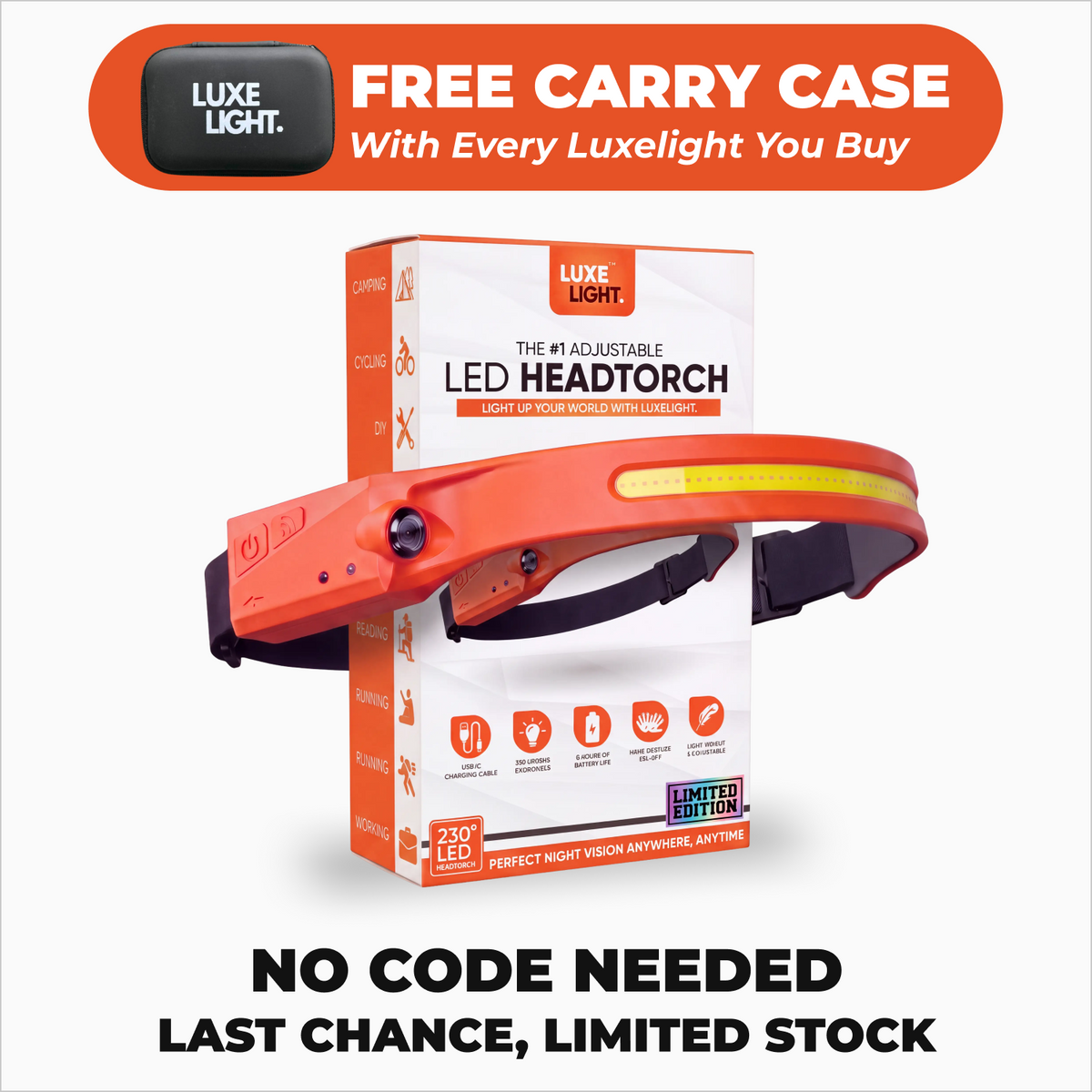 230° Wide-Beam Rechargeable LED Headlamp with Motion Sensor – image 3