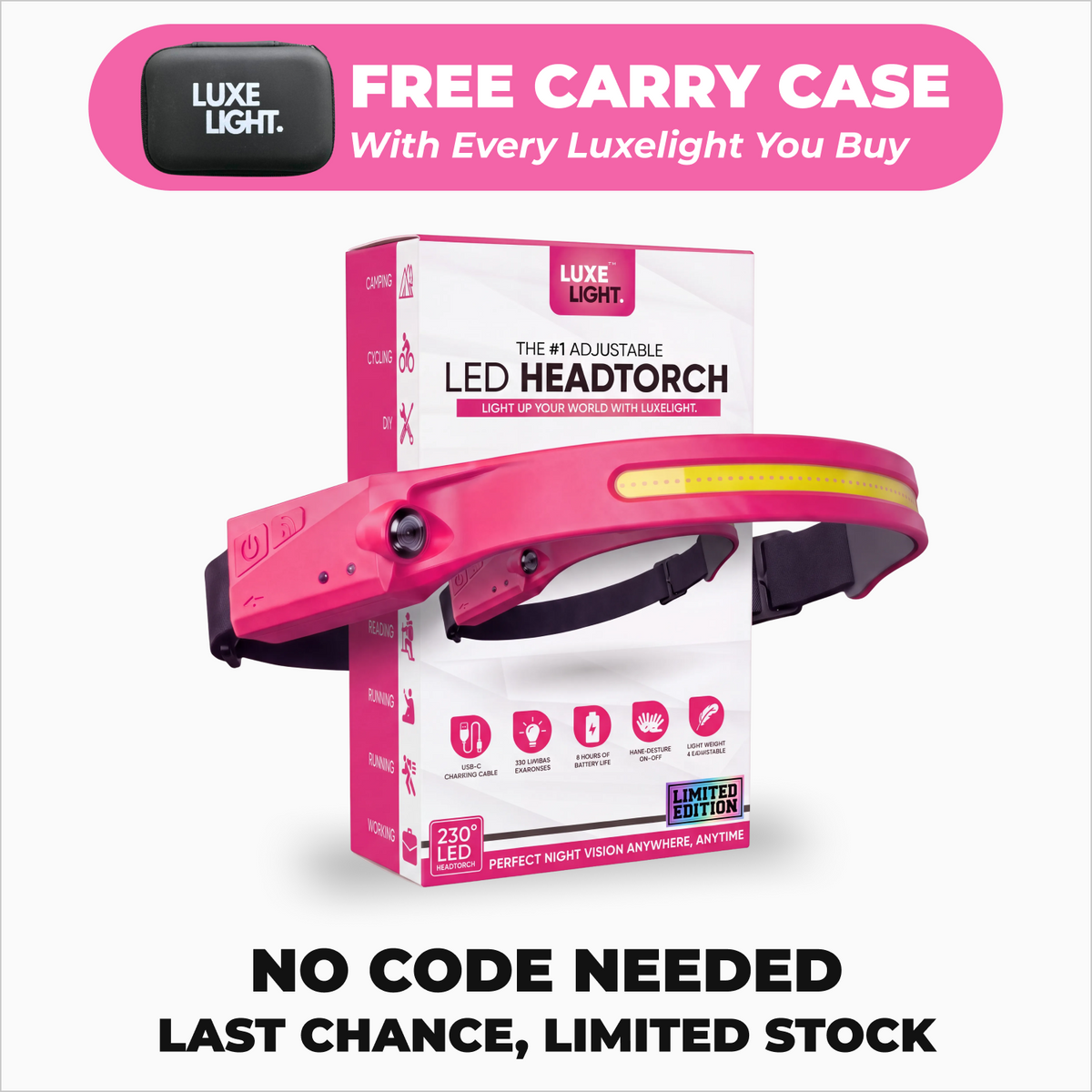 230° Wide-Beam Rechargeable LED Headlamp with Motion Sensor – image 2