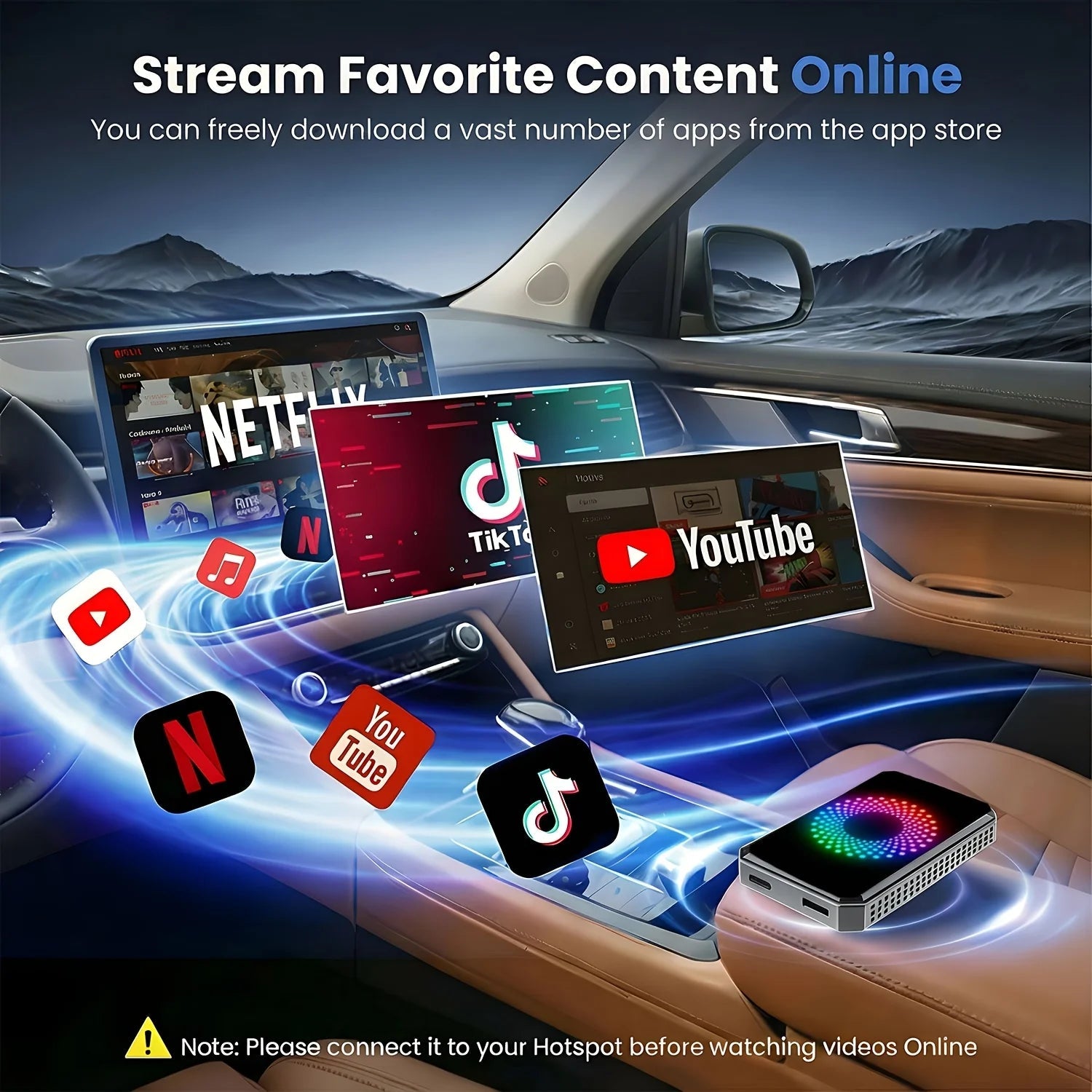 3-in-1 Magic Video Box streaming apps on a factory car screen