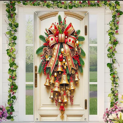 Christmas Door Covers,Decorative Bow Bell Wreath Christmas Door Wraps