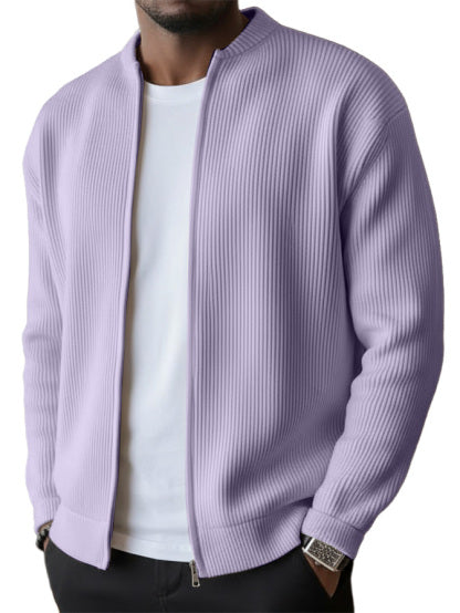 Men's Simple Casual Ribbed Stand Collar Zipper Long Sleeved Jacket