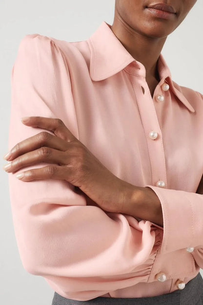Light Pink Long Sleeve Button Down Silk Blouse