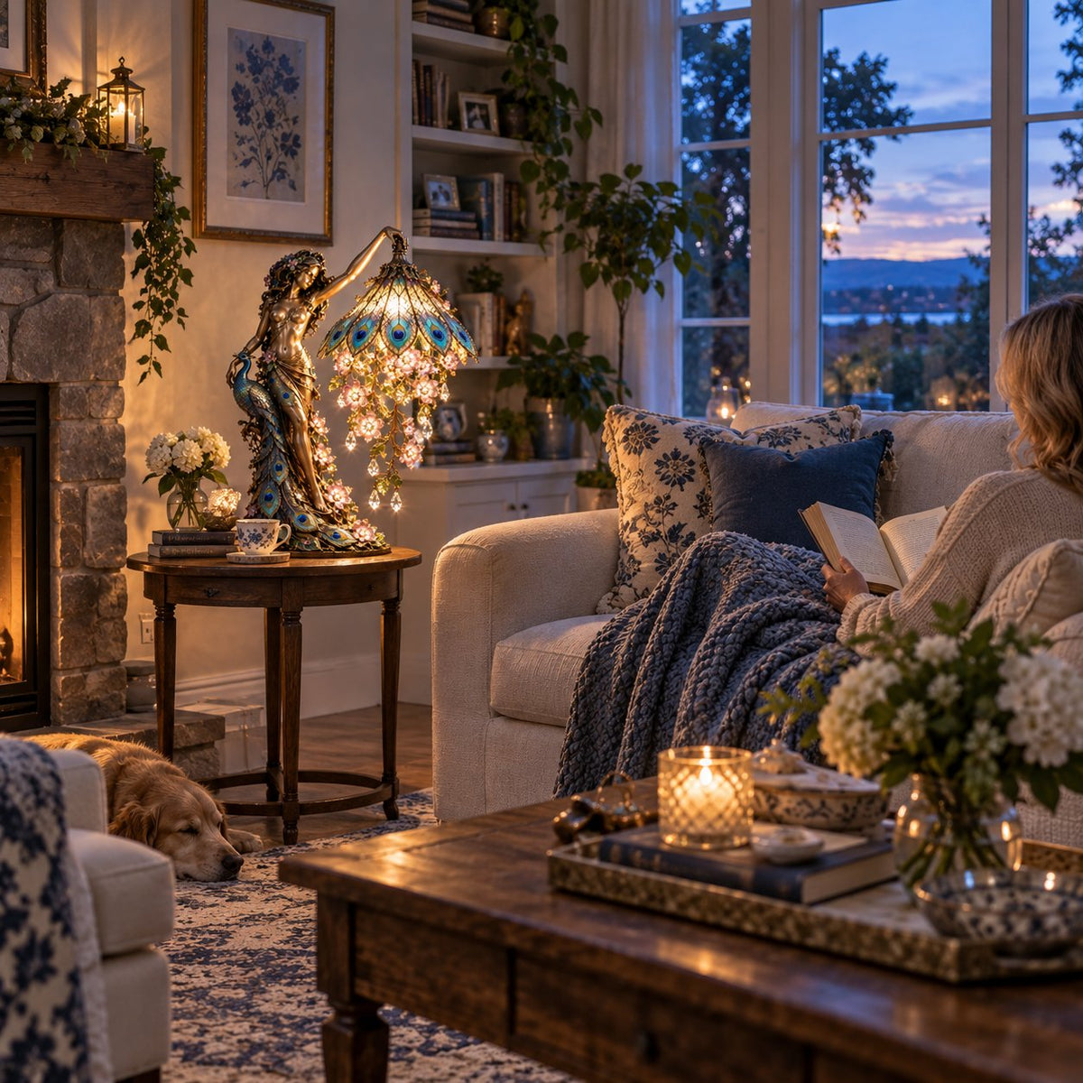 🦚 Peacock Goddess Stained Table Lamp