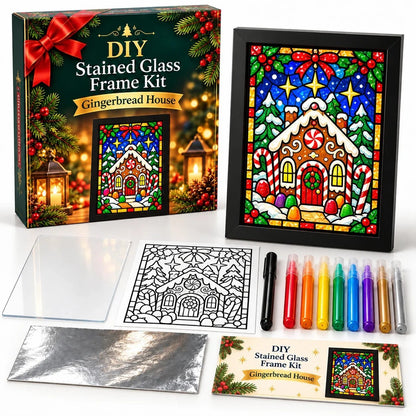 🎄🎨Beginner-Friendly Christmas Stained Glass-Style Frame Kit | 8 Festive Designs with Pens, Foil & Frame (✨Buy 2 Free Shipping)