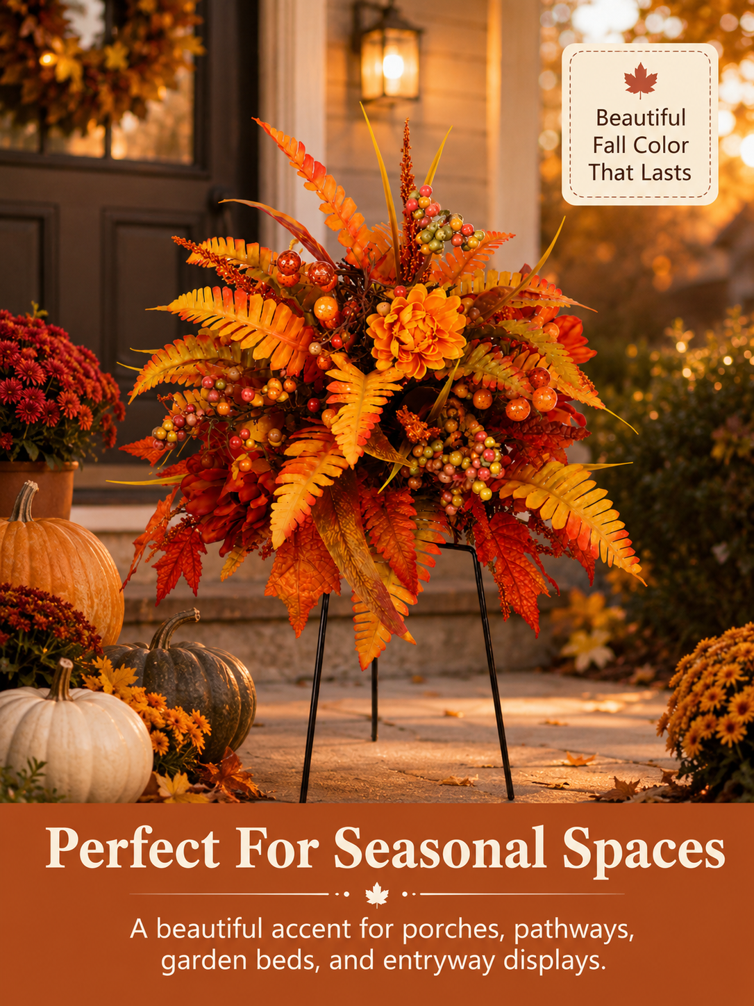 Autumn Harvest Floral Garden Stake Arrangement in a porch planter