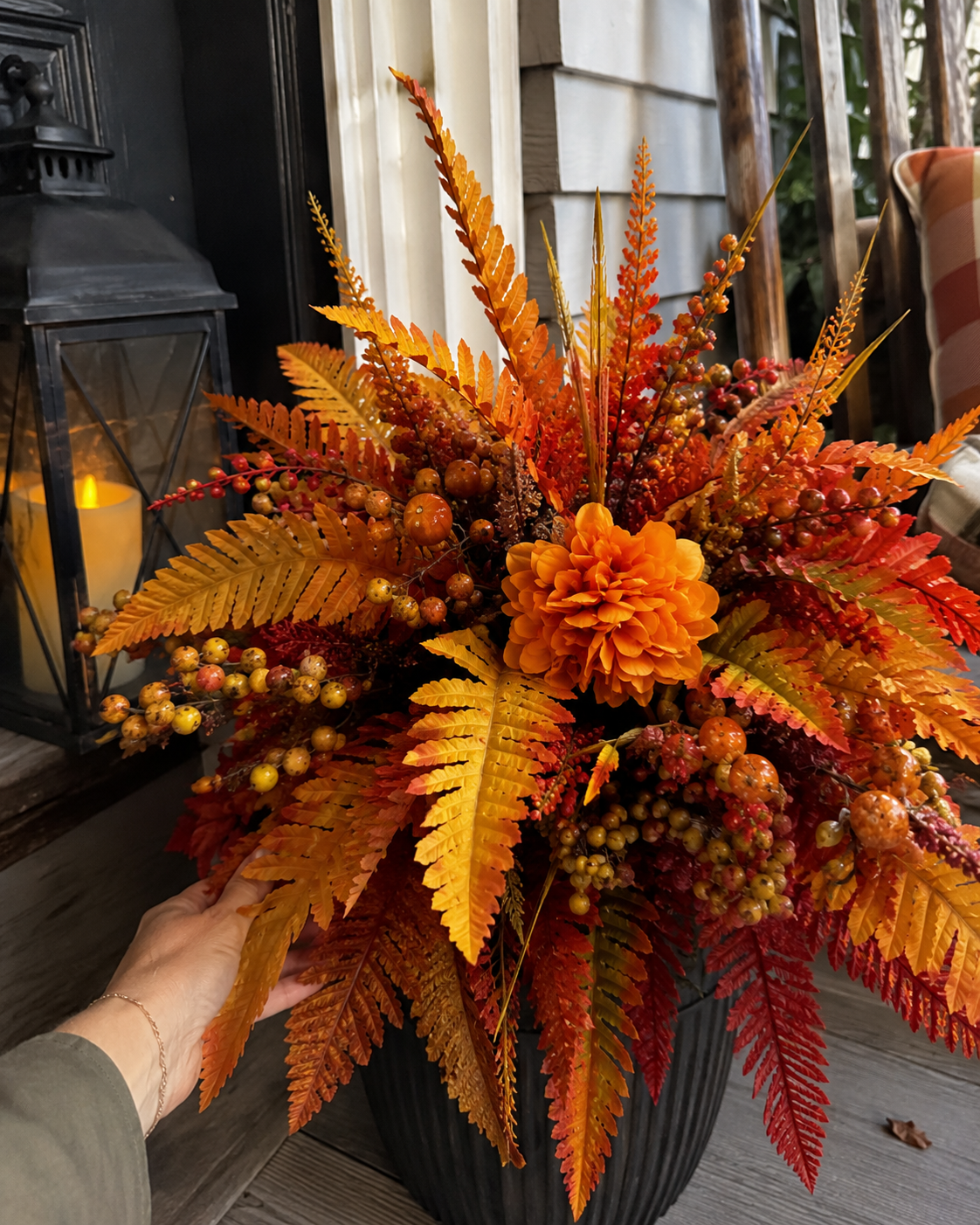 Autumn Harvest Floral Garden Stake styled in a planter