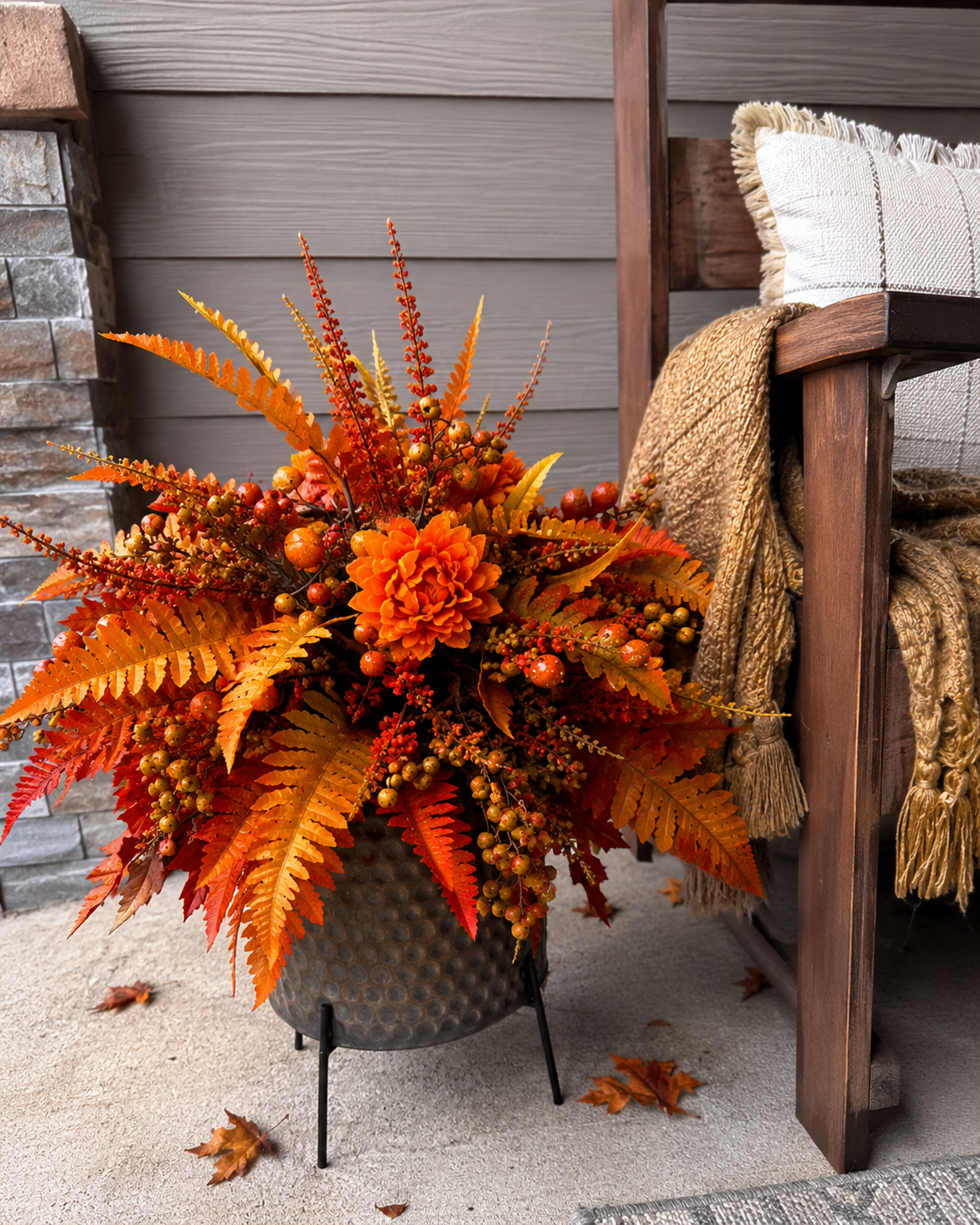 Autumn Harvest Floral Garden Stake in a porch display
