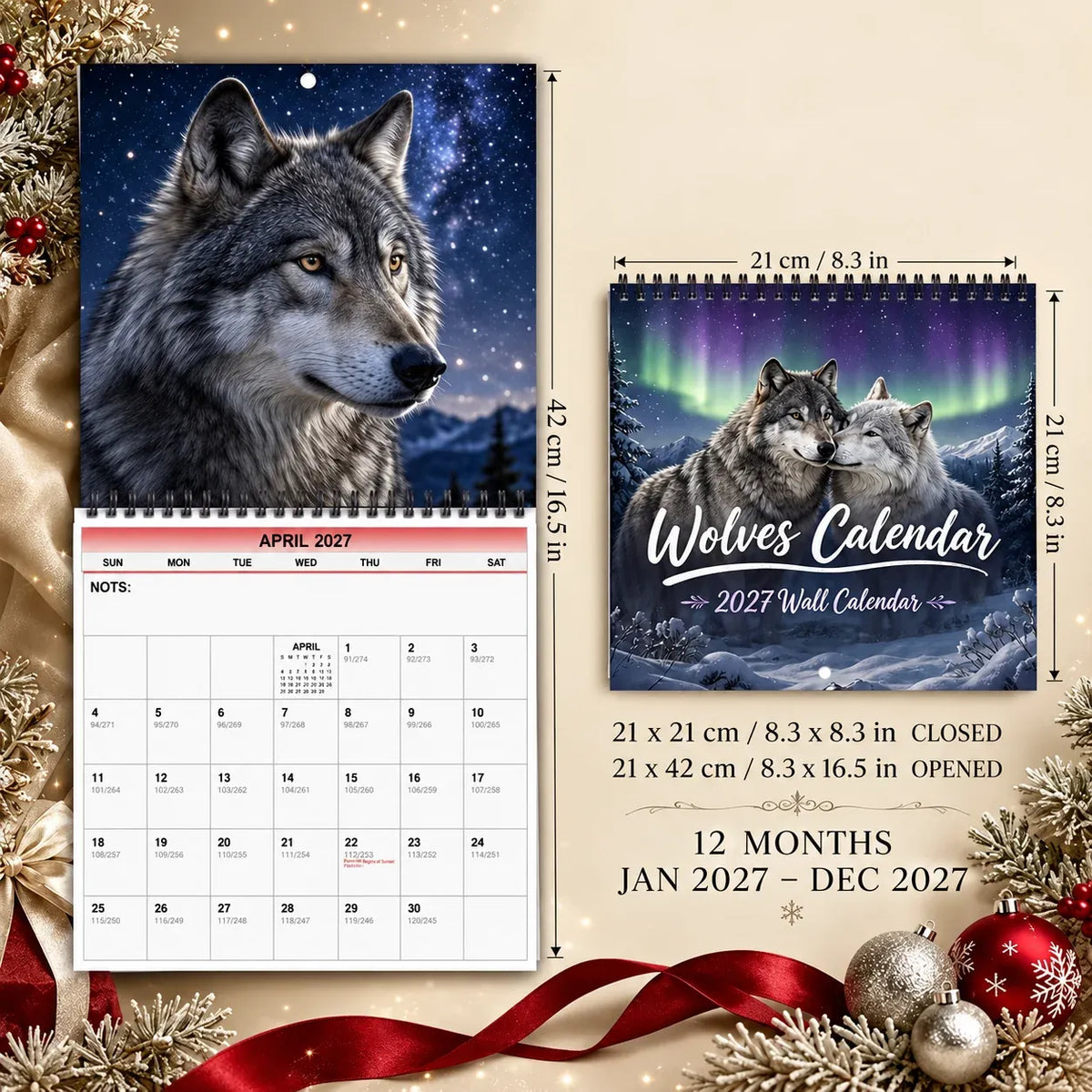 Wolves Calendar 2027 – Northern Lights Wall Calendar