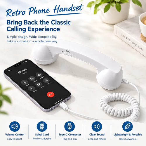 Retro Type-C Wired Phone Handset with Mic & Volume Control