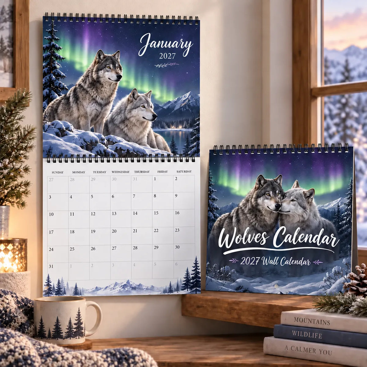 Wolves Calendar 2027 – Northern Lights Wall Calendar