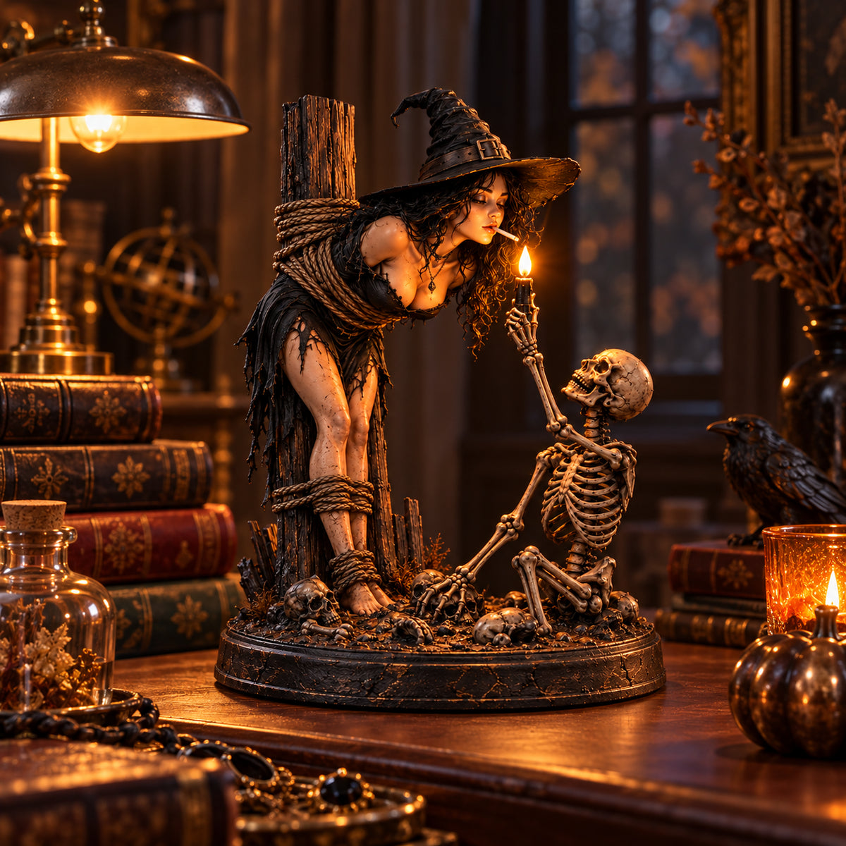Witch & Skeleton Light-Up Figurine – Gothic Halloween Tabletop Decor