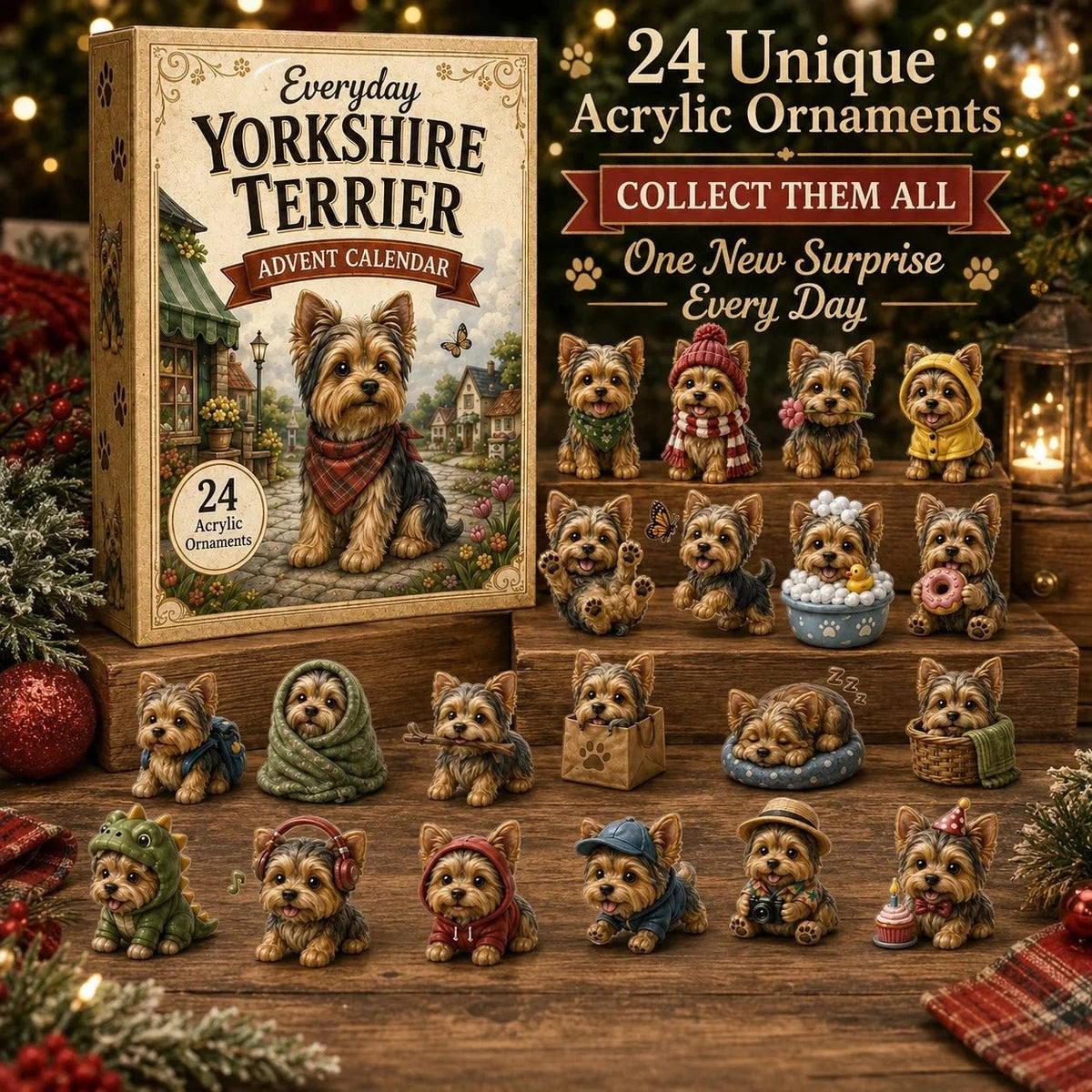 💥LAST DAY 49% OFF -✨Yorkshire Terrier 2D Advent Calendar – 24 Unique Yorkie Acrylic Ornaments & Daily Christmas Surprises