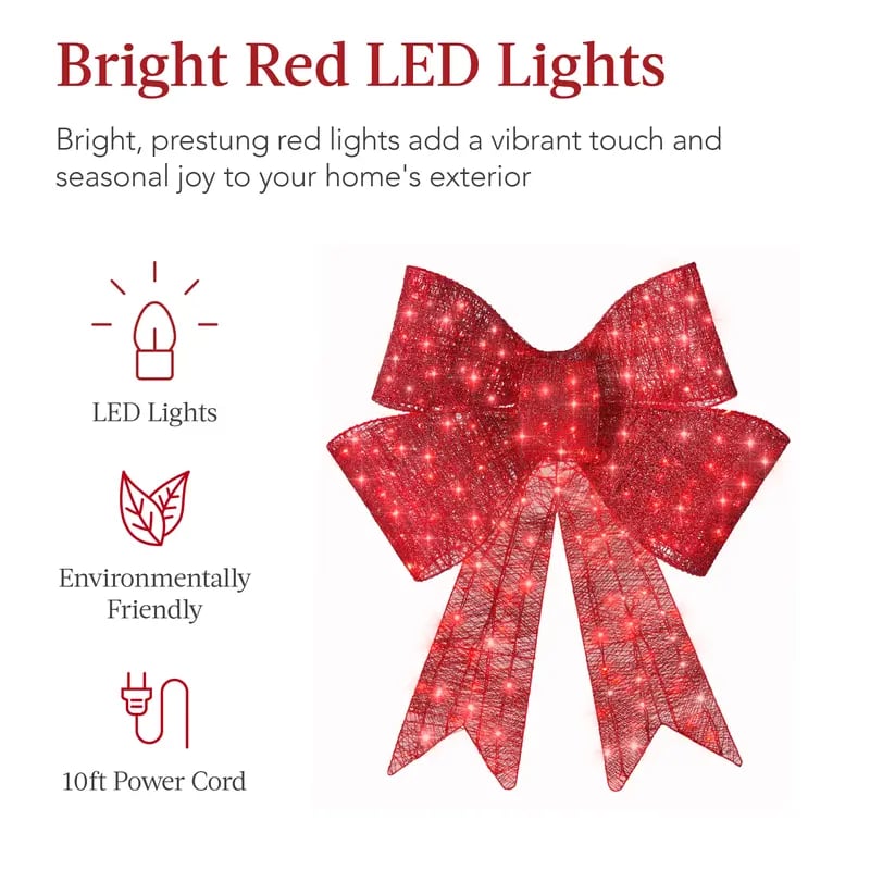 Pre-lit Christmas bow, large outdoor LED-illuminated holiday decoration with 8 lighting functions and hanging hook.