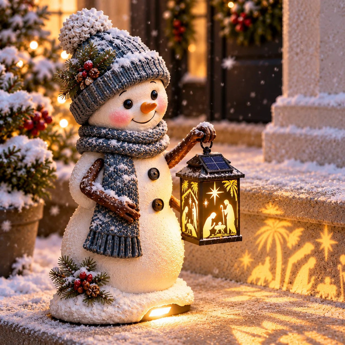 ⛄️🎄Snowman Nativity Glow– Solarbetriebene Weihnachts-Stufenleuchte mit Projektion der Heiligen Familie🌙