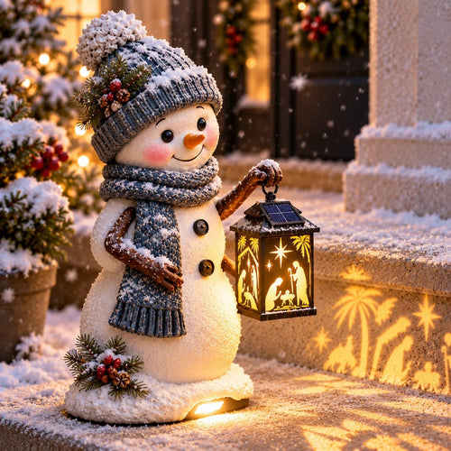 ⛄️🎄Snowman Nativity Glow– Solarbetriebene Weihnachts-Stufenleuchte mit Projektion der Heiligen Familie🌙