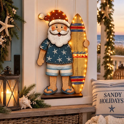 ⏳ Last Day 49% OFF – 🎅🌊 Surfing Santa Christmas Wall Light – Vintage Coastal Holiday Décor with Warm LED Glow & Remote