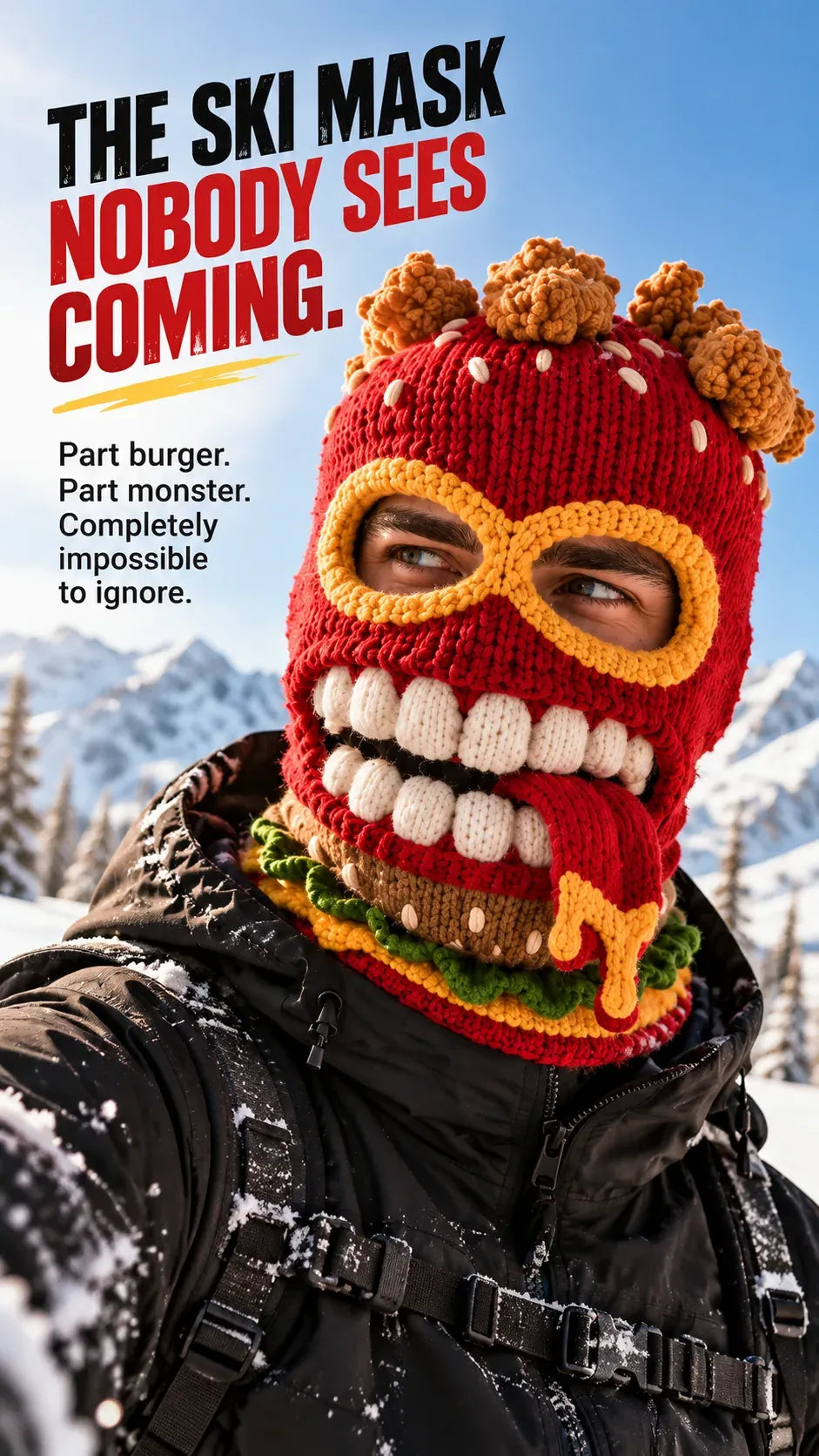 🍔🏂 3D Burger Monster Knit Ski Mask❄️