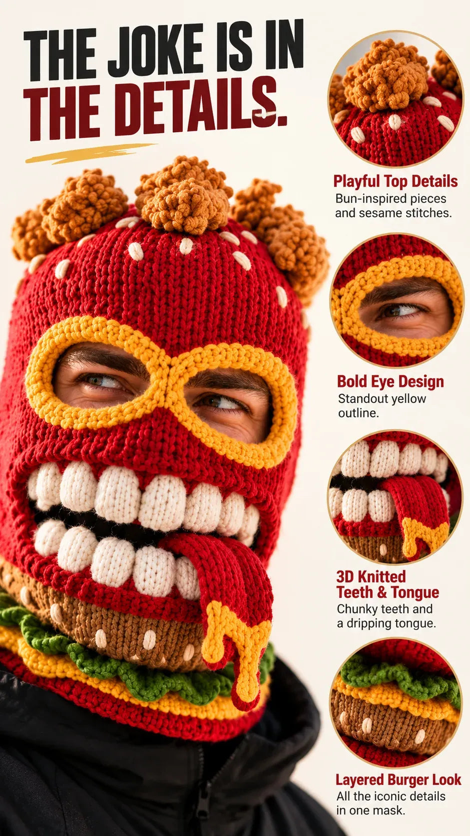 🍔🏂 3D Burger Monster Knit Ski Mask❄️