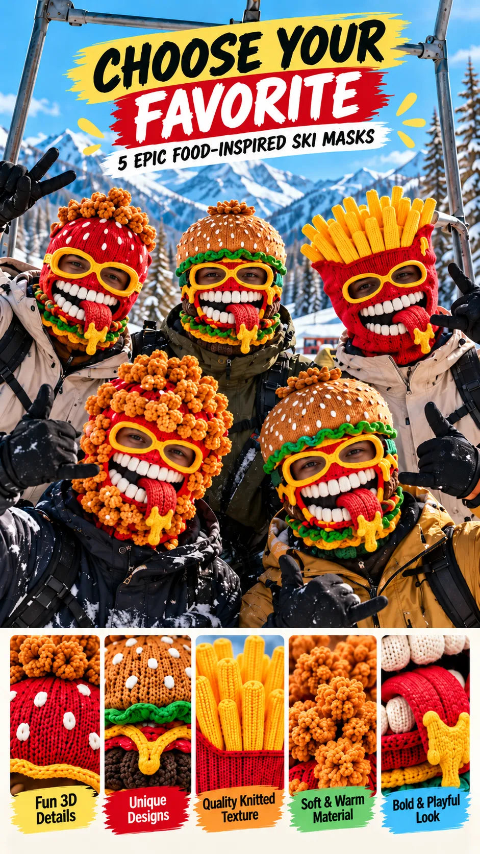 🍔🏂 3D Burger Monster Knit Ski Mask❄️