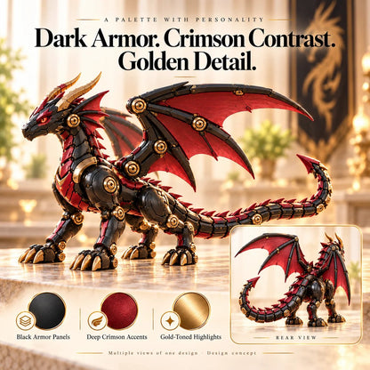 Mechanical Dragon Egg – Black & Crimson Dragon with Folding Wings & Armored Details