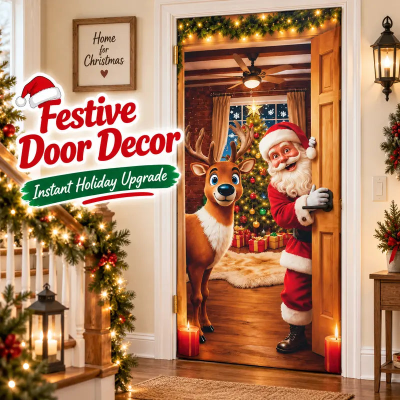 Christmas Door Cover - Stretch Fit Santa & Reindeer Door Decoration with 4-Side Elastic Edges