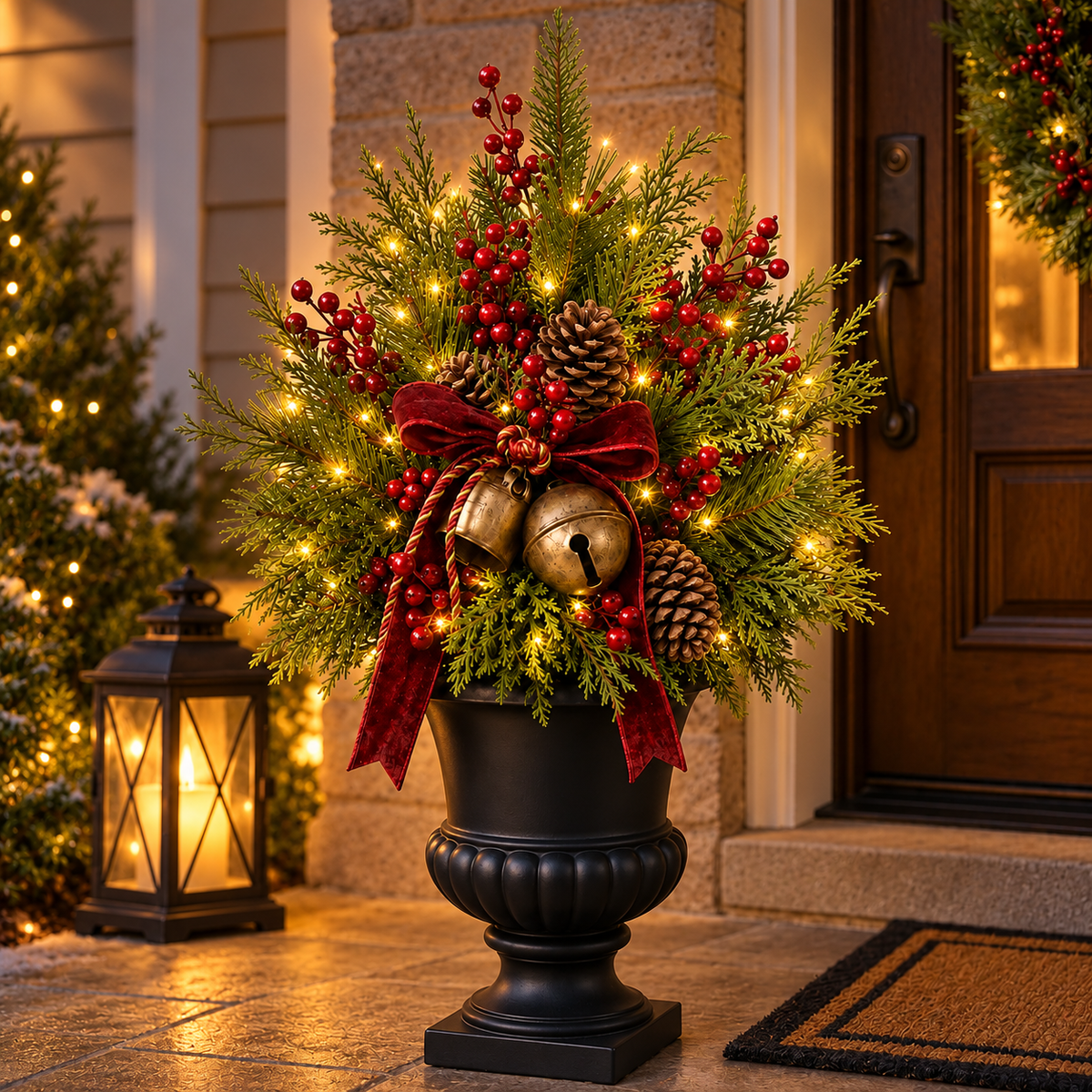 🎄 24" Pre-Lit Christmas Urn Filler 🔔 Vintage Bells & Rustic Farmhouse Charm 5