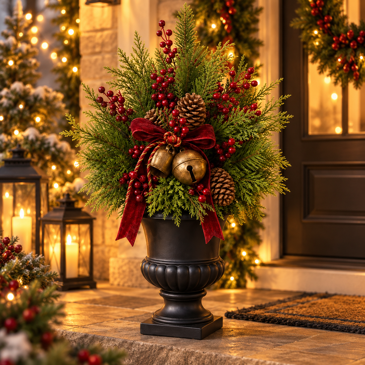 🎄 24" Pre-Lit Christmas Urn Filler 🔔 Vintage Bells & Rustic Farmhouse Charm 1