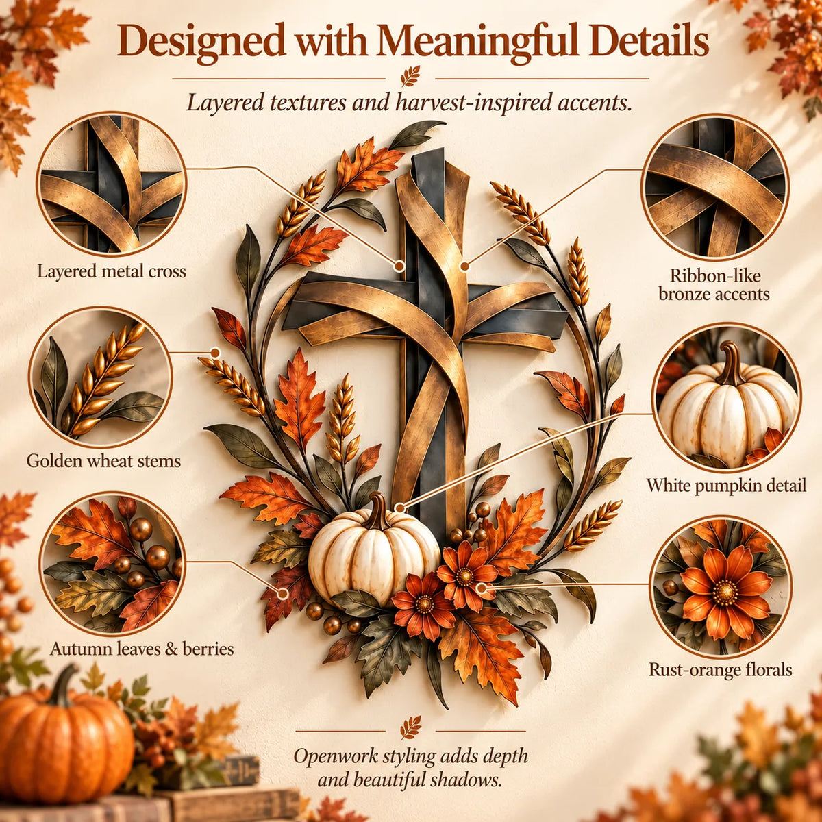 Autumn Cross & Pumpkin Harvest Metal Wall Decor