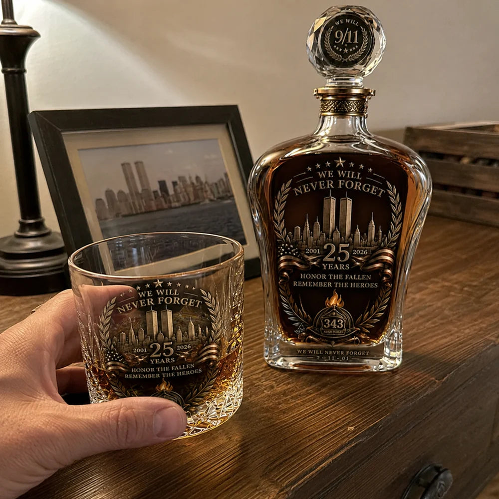 Memorial decanter and glass customer home display