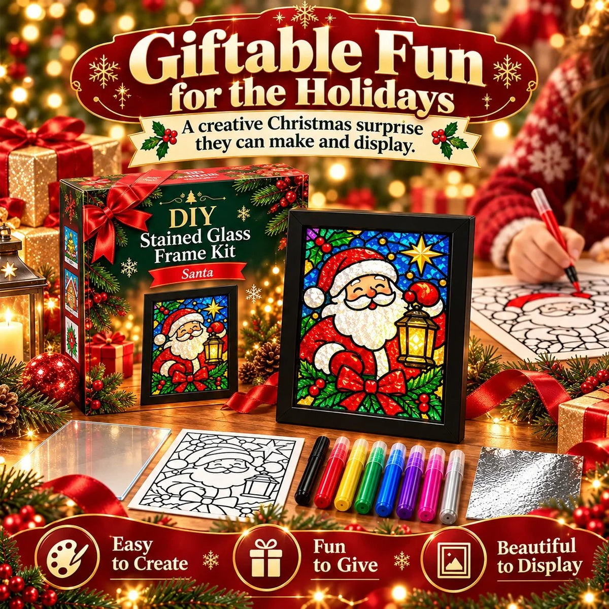 🎄🎨Beginner-Friendly Christmas Stained Glass-Style Frame Kit | 8 Festive Designs with Pens, Foil & Frame (✨Buy 2 Free Shipping)