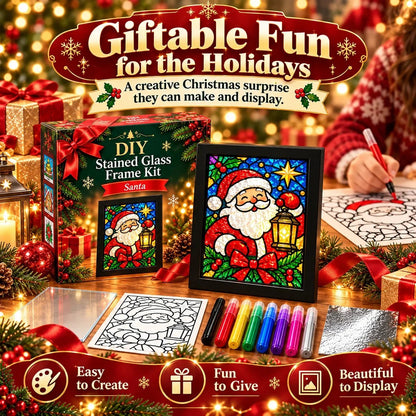 🎄🎨Beginner-Friendly Christmas Stained Glass-Style Frame Kit | 8 Festive Designs with Pens, Foil & Frame (✨Buy 2 Free Shipping)