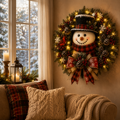 ✨✨Hot Sale 40% OFF⛄ Pre-Lit Snowman Christmas Wreath –  Bring Holiday Cheer to Every Door