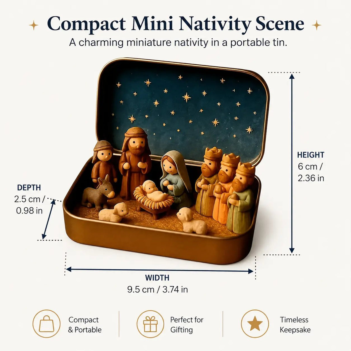 Mini nativity scene size illustration with width, height, and depth
