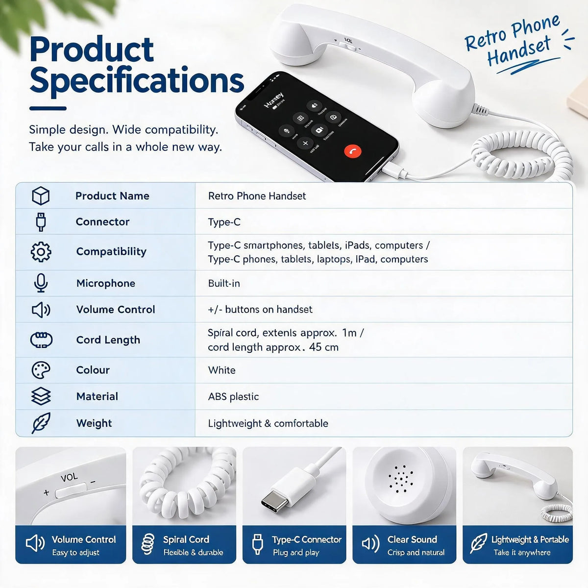 Retro Type-C Wired Phone Handset with Mic & Volume Control