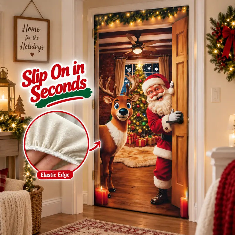 Christmas Door Cover - Stretch Fit Santa & Reindeer Door Decoration with 4-Side Elastic Edges