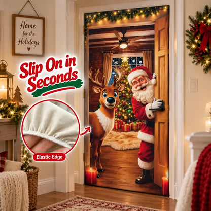 Christmas Door Cover - Stretch Fit Santa & Reindeer Door Decoration with 4-Side Elastic Edges