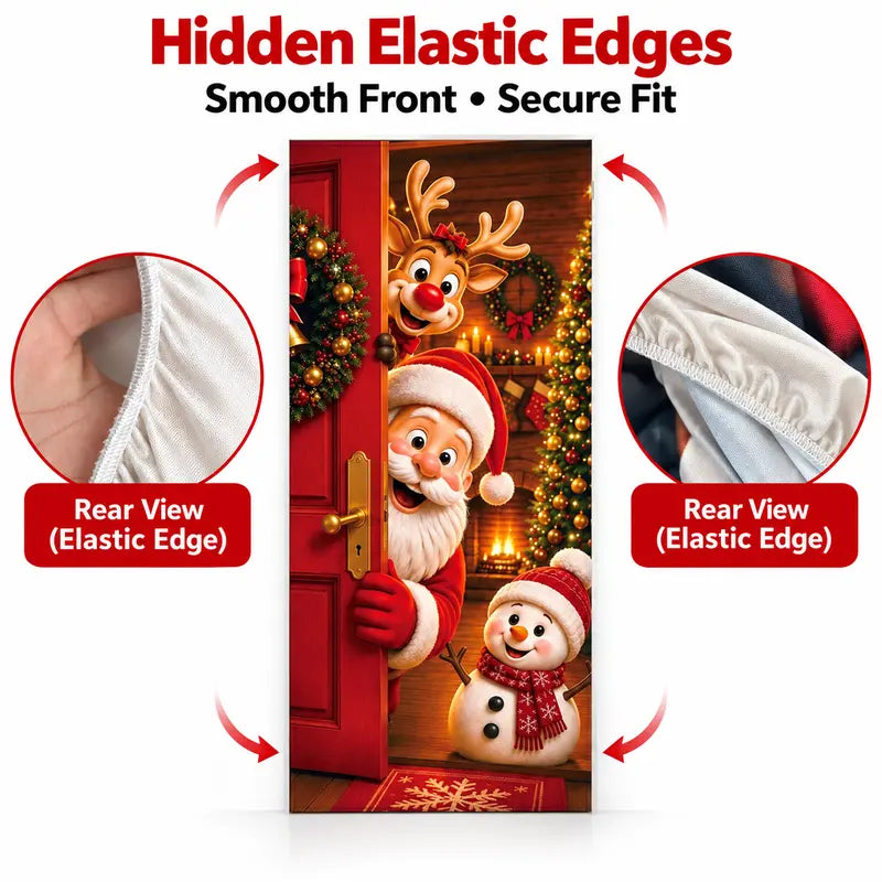 Christmas Door Cover - Stretch Fit Santa & Reindeer Door Decoration with 4-Side Elastic Edges