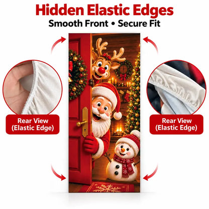 Christmas Door Cover - Stretch Fit Santa & Reindeer Door Decoration with 4-Side Elastic Edges