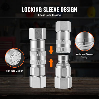 VEVOR 1/2" Flat Face Hydraulic Couplers, 1/2" NPT Skid Steer Hydraulic Quick Connect Couplers with 2 Dust Caps (ISO16028)
