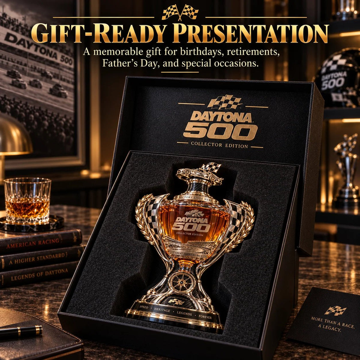🏁 Daytona 500 Racing Legacy Trophy Whiskey Decanter – Collector’s Edition 🏆