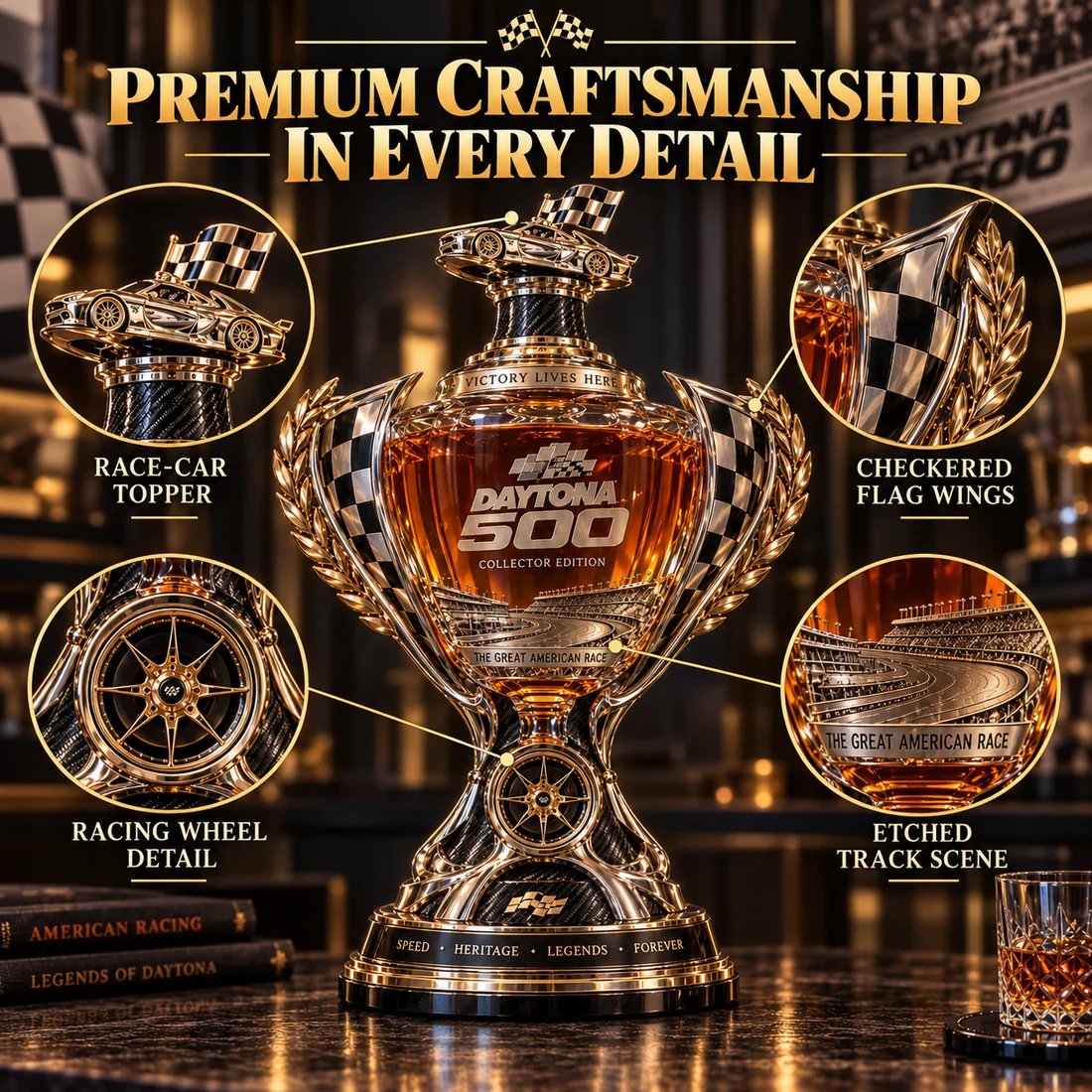 🏁 Daytona 500 Racing Legacy Trophy Whiskey Decanter – Collector’s Edition 🏆