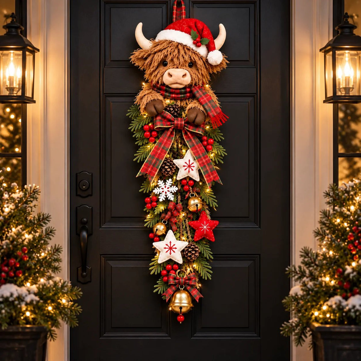 🔥Last Day 49% OFF✨🎄 Lighted Highland Cow Christmas Door Swag – A Cozy Holiday Welcome