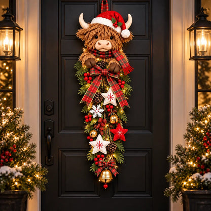 🔥Last Day 49% OFF✨🎄 Lighted Highland Cow Christmas Door Swag – A Cozy Holiday Welcome